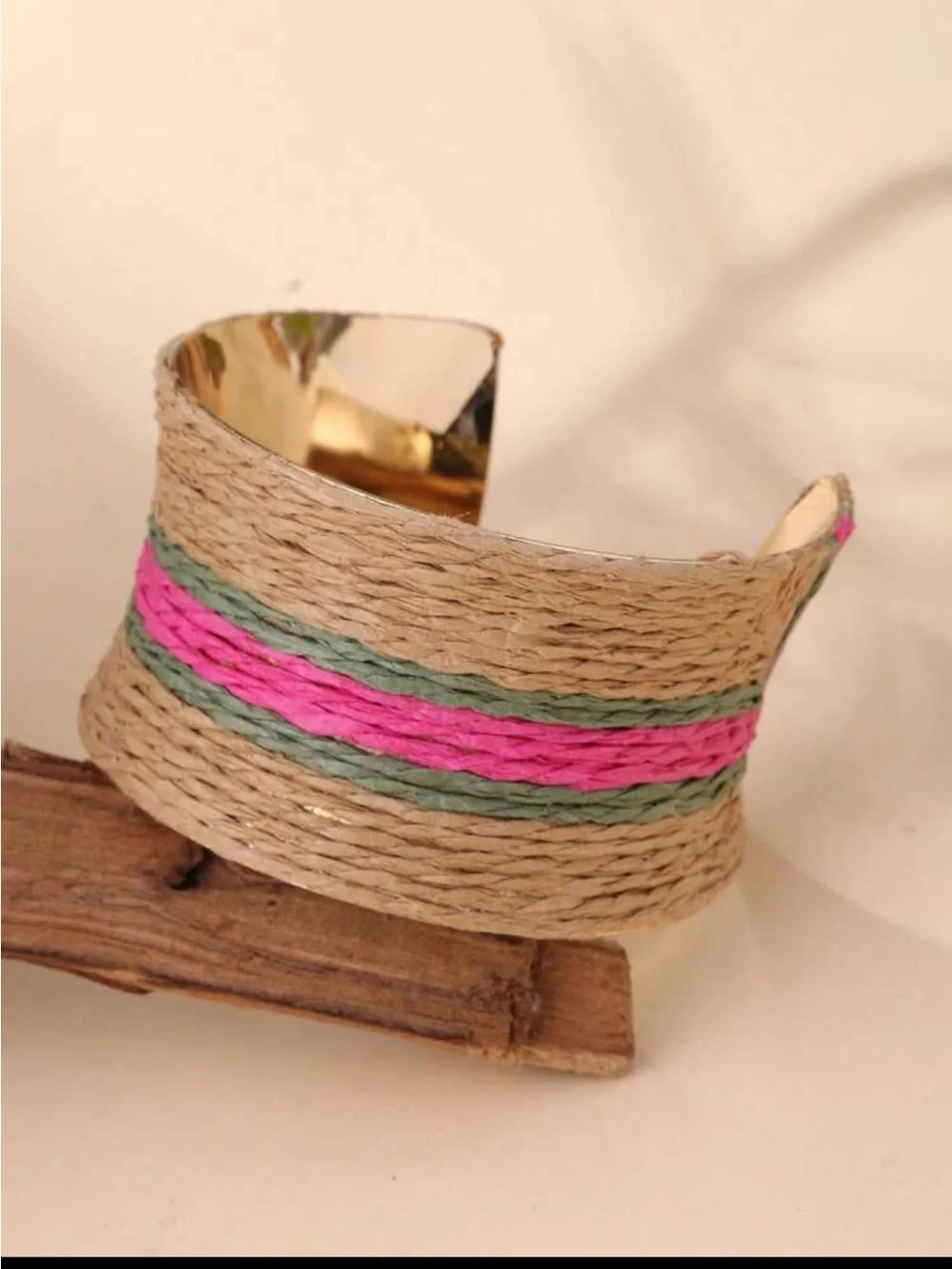 Handwoven Natural Fiber Cuff Bracelet with Pink & Green Accents